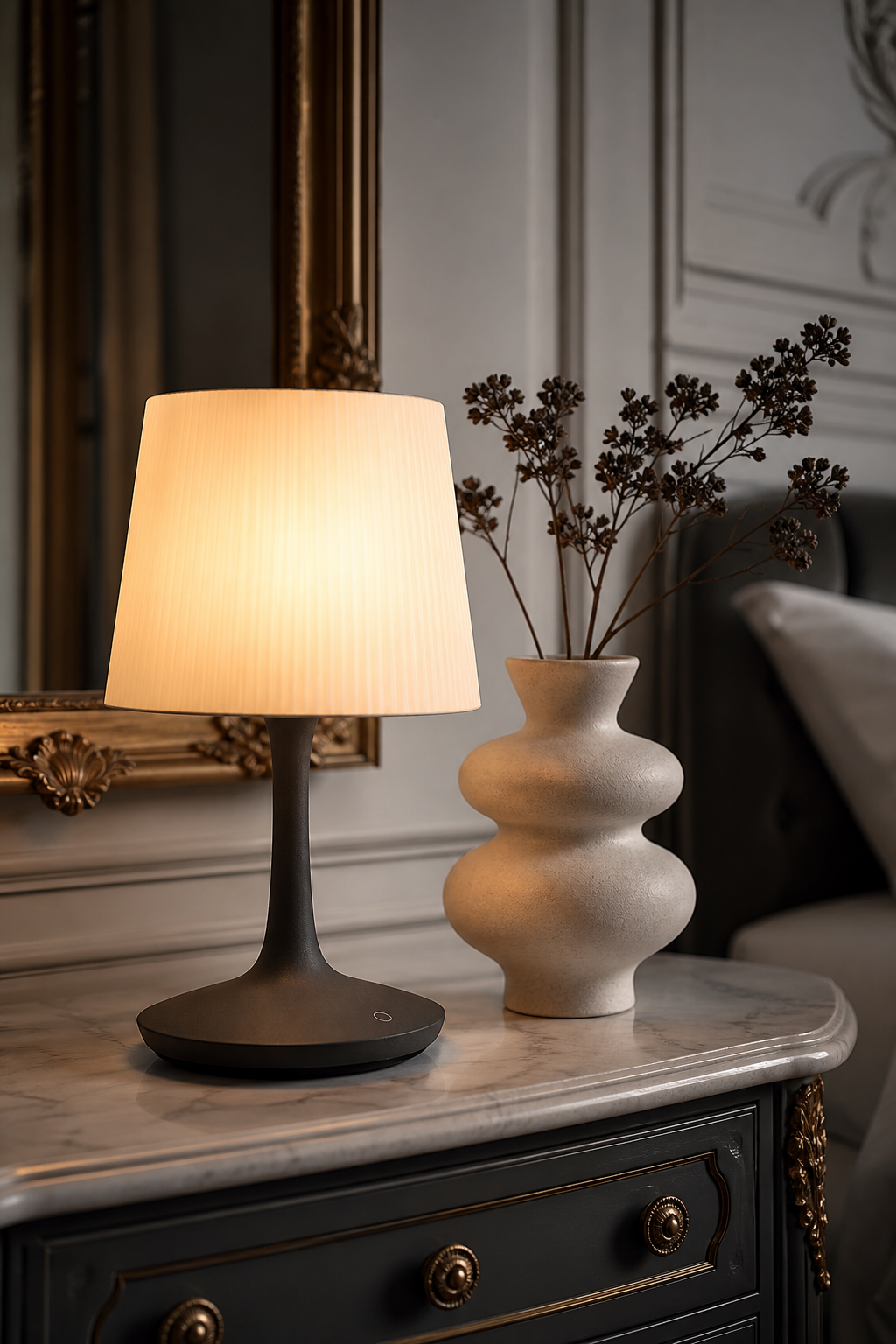 Lampe de chevet tactile allumée sur une table de nuit dans une chambre chaleureuse.