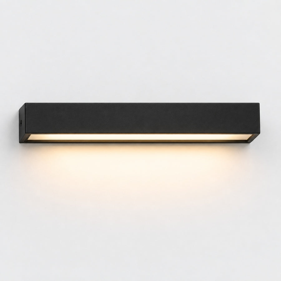 Applique murale LED noire de 30 cm, vue de face avec éclairage blanc chaud
