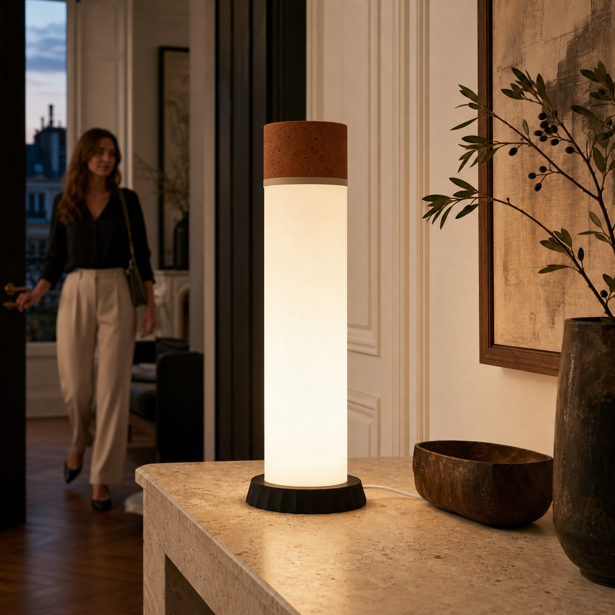 lampe d’ambiance LED de table cylindrique terracotta