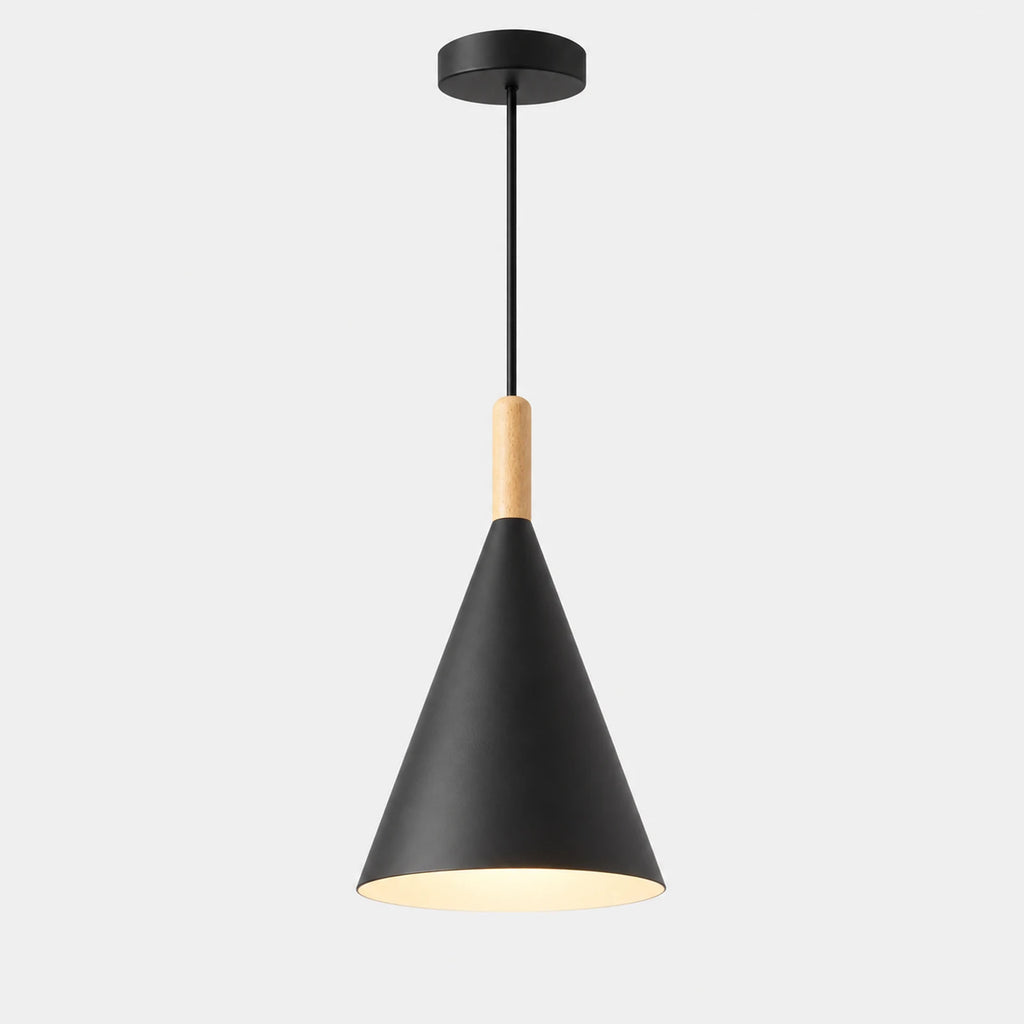 Suspension luminaire conique noire en métal et bois – vue principale