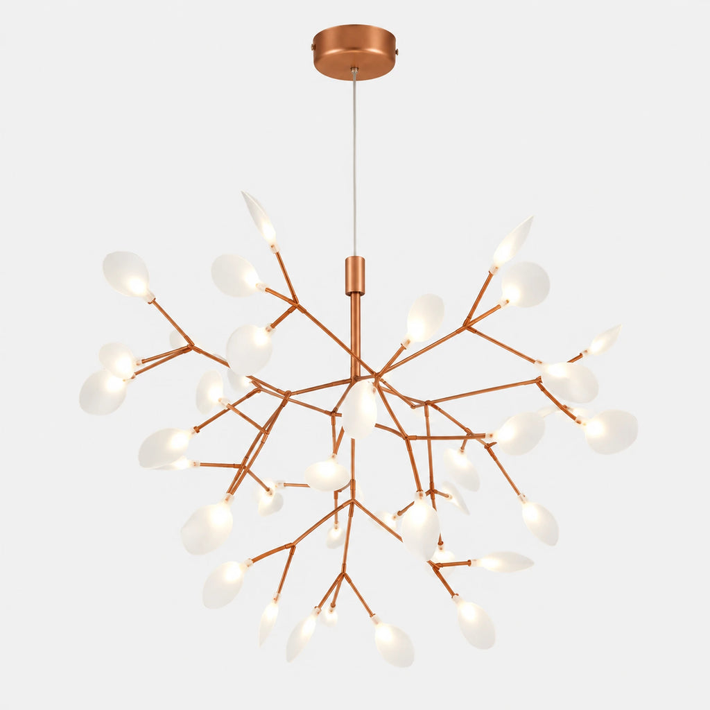 Suspension LED arbre cuivrée avec diffuseurs en forme de feuilles