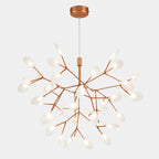 Suspension LED arbre cuivrée avec diffuseurs en forme de feuilles