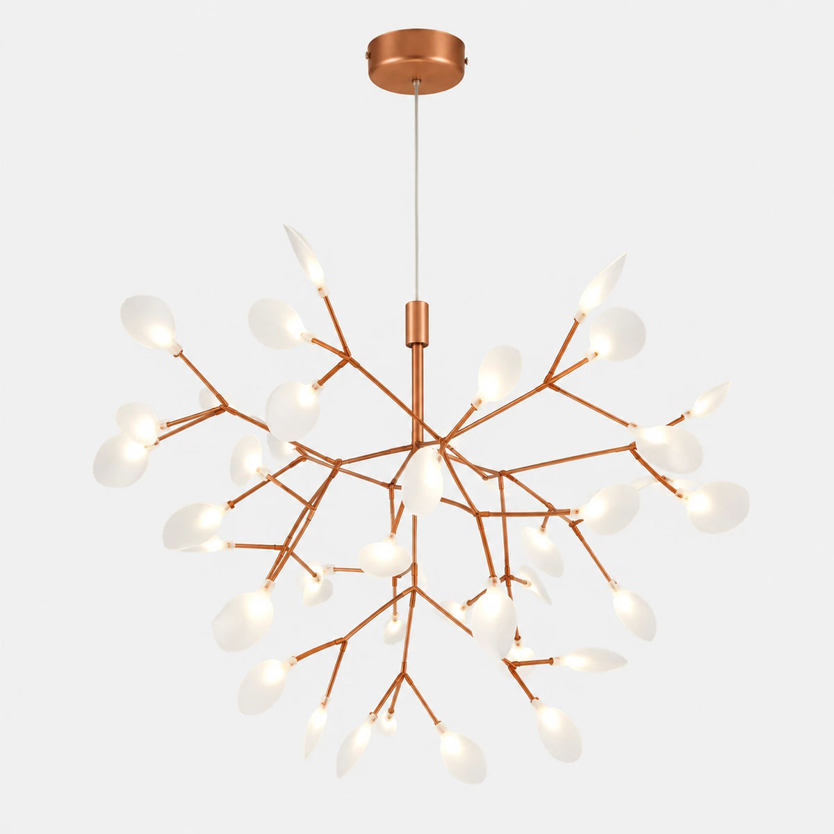 Suspension LED arbre cuivrée avec diffuseurs en forme de feuilles