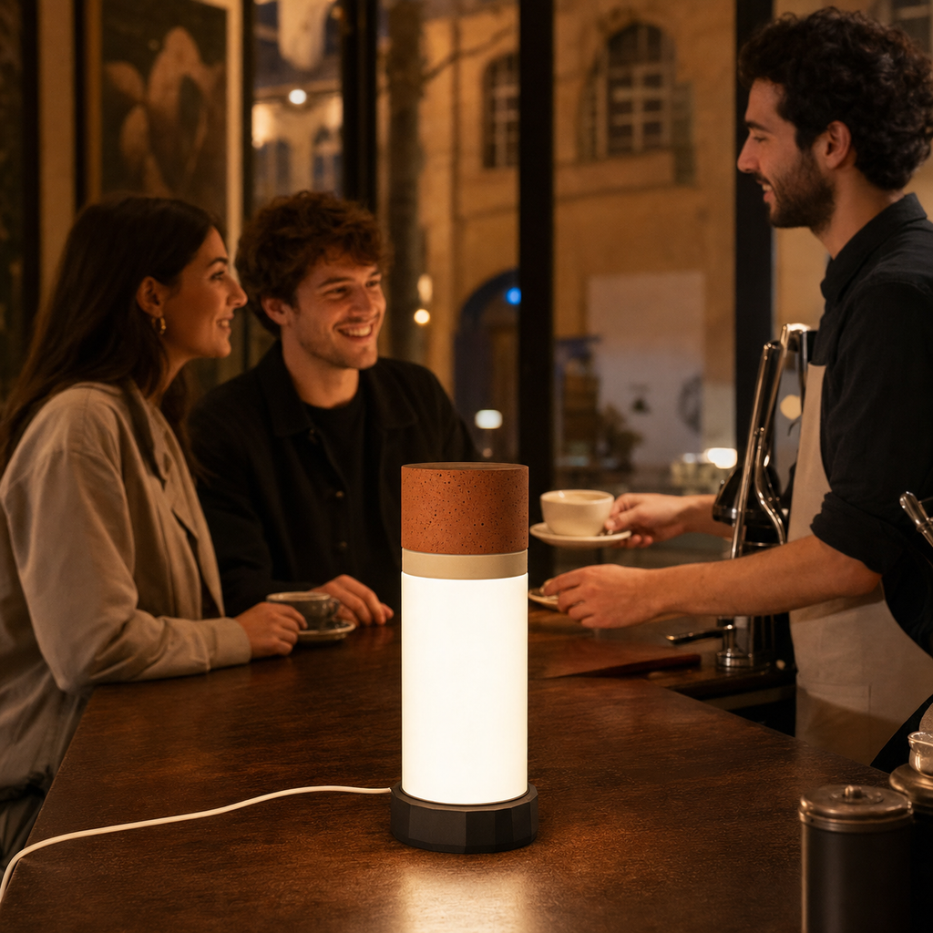 lampe d’ambiance LED de table cylindrique terracotta dans un café