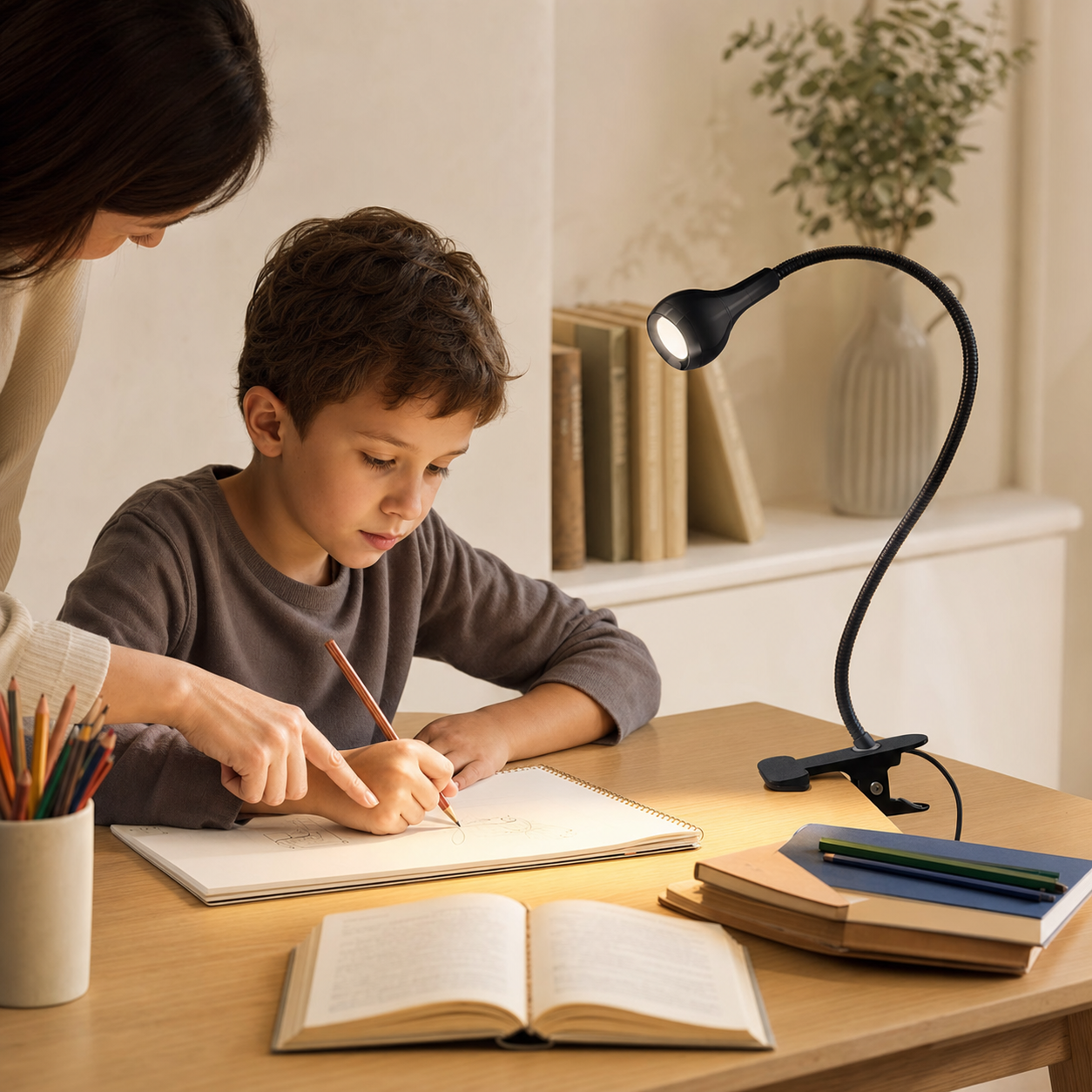 Enfant utilisant la lampe LED flexible pour étudier