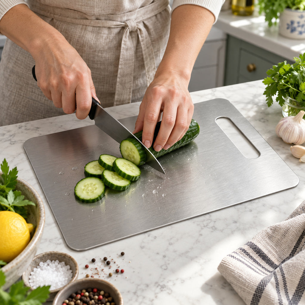 Découpe de concombre sur la planche en acier inoxydable 304