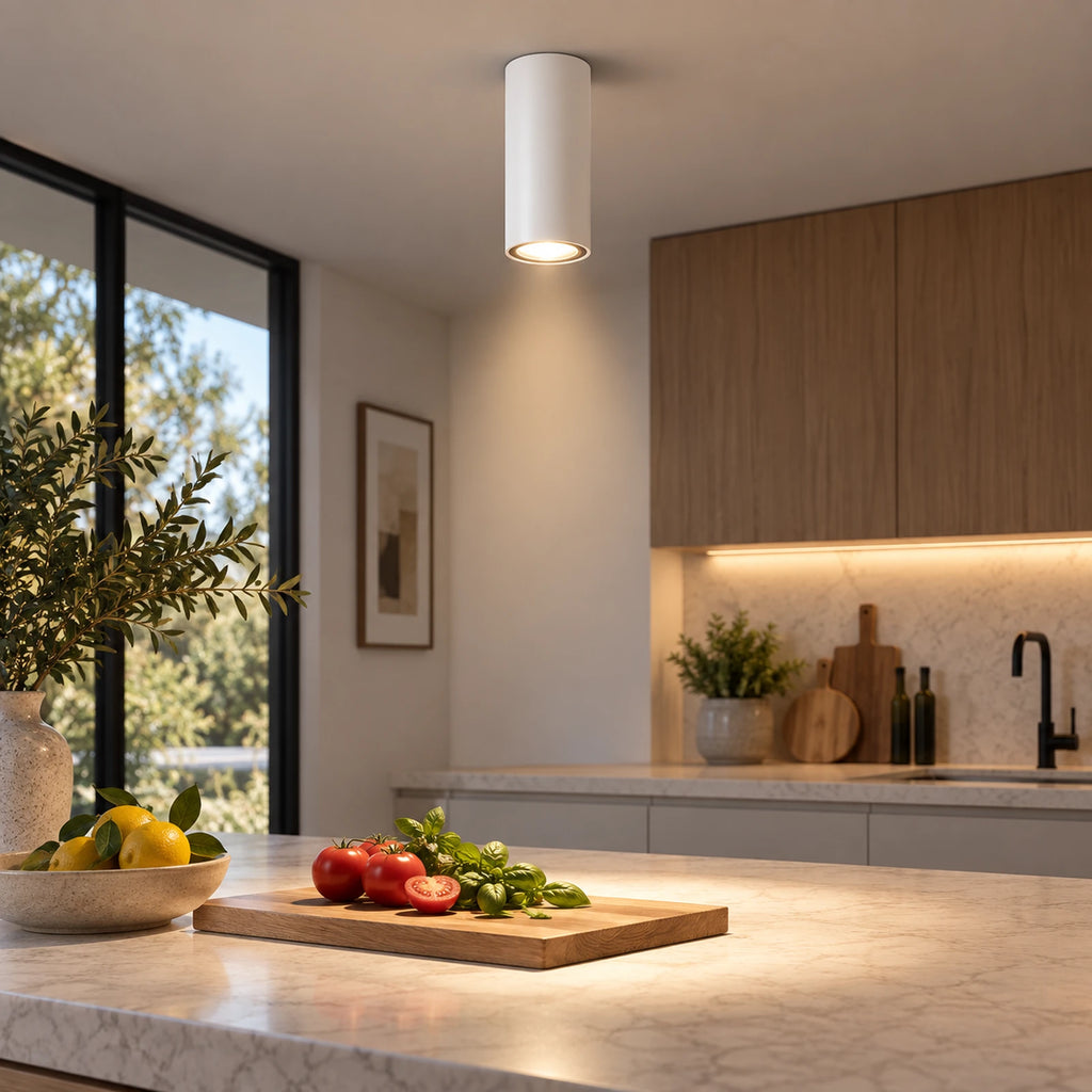 Spot LED cylindrique blanc installé dans une cuisine