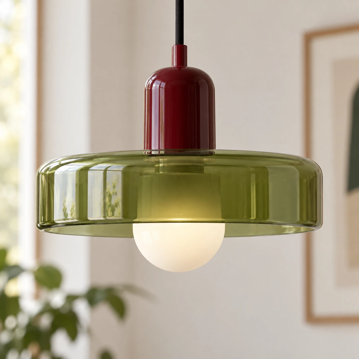 Suspension Bauhaus rouge bordeaux et vert thé – détail