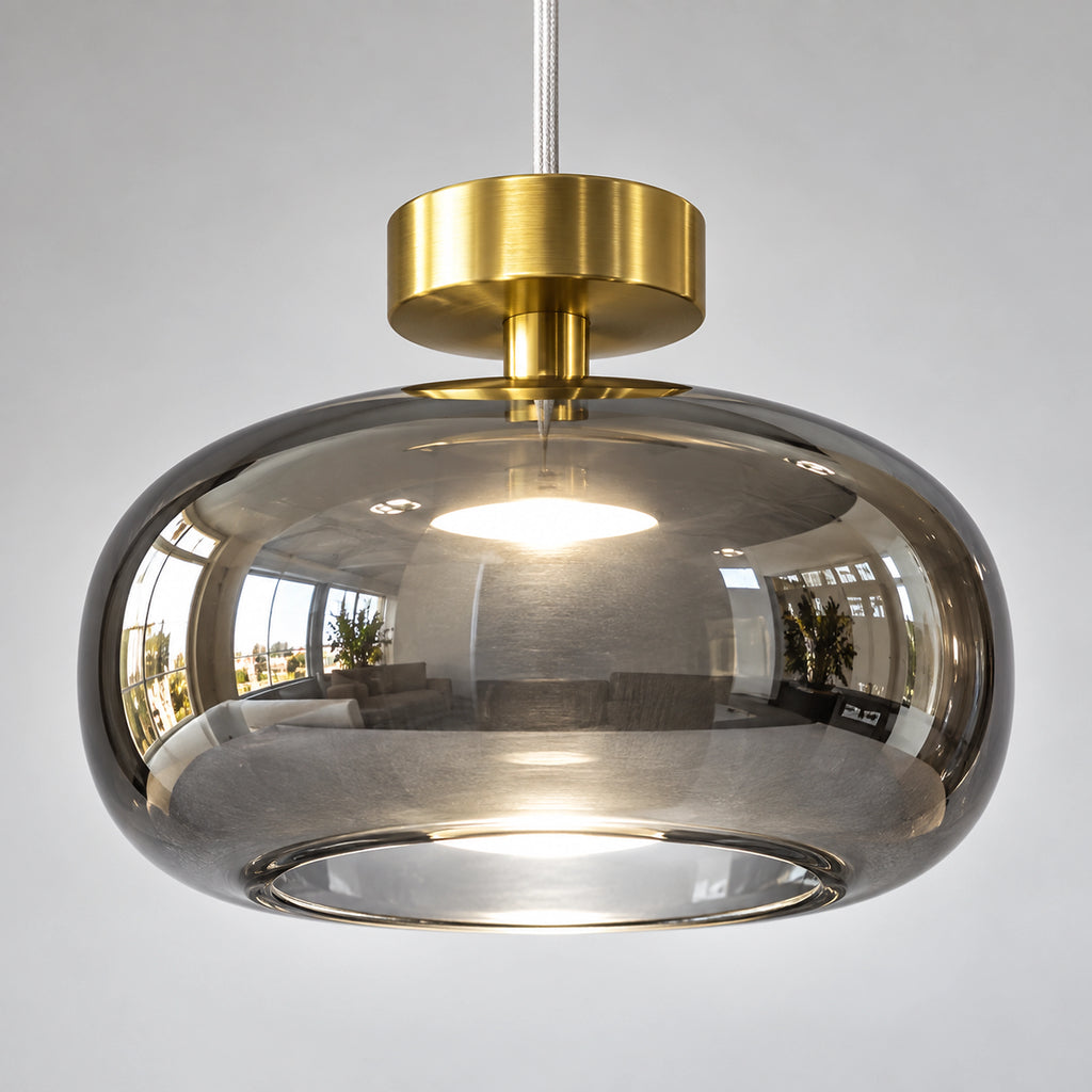 Détail suspension verre gris fumé 15 cm lumière blanche