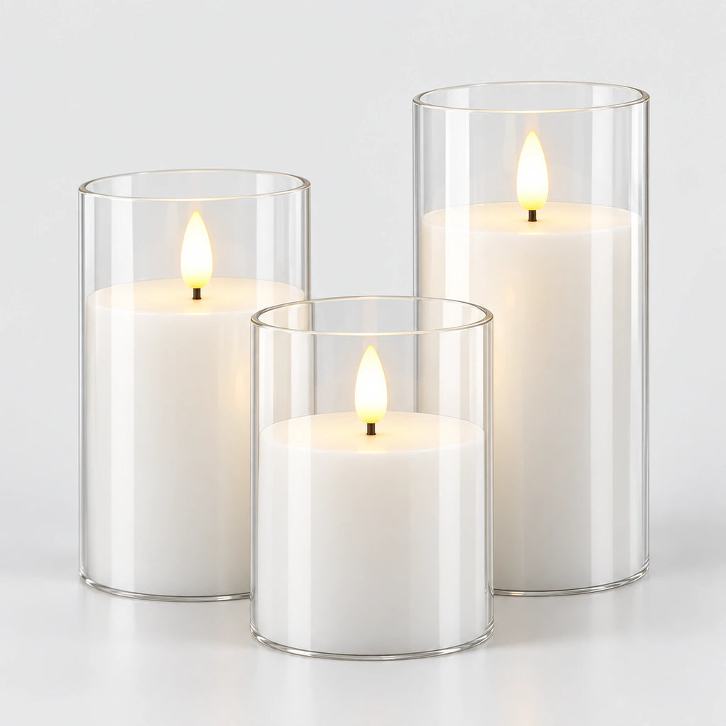 Lot de trois bougies LED transparent blanc