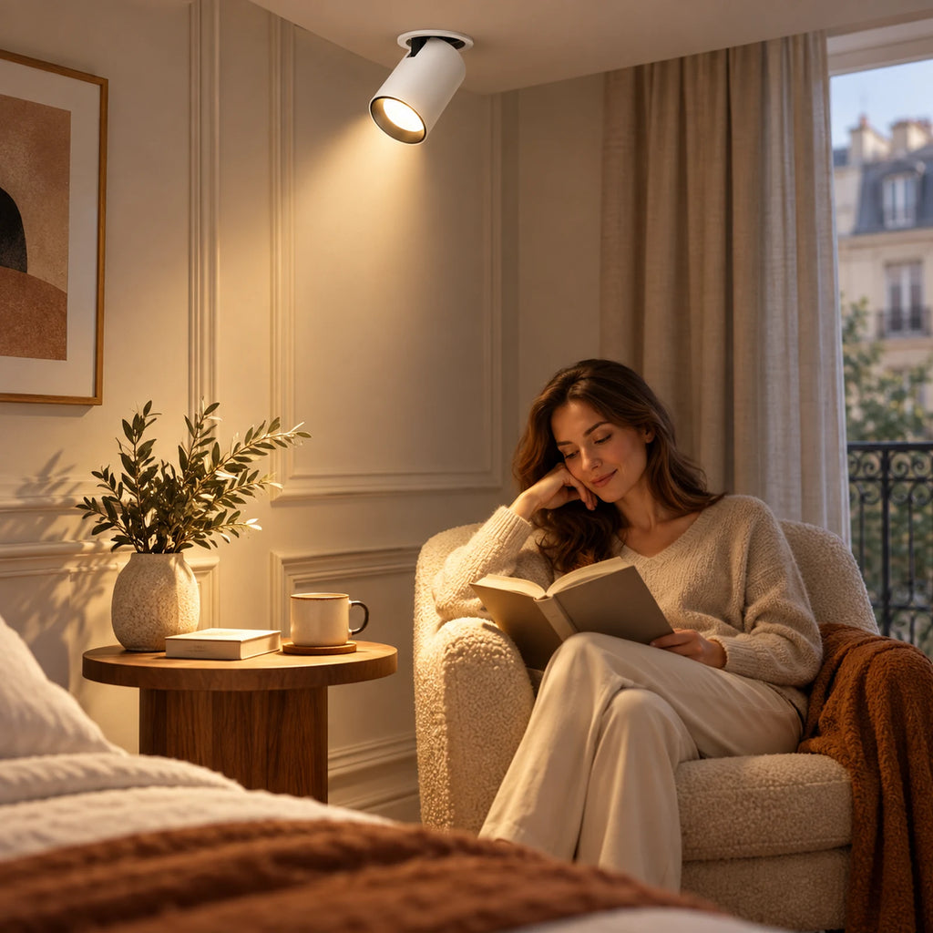 Spot LED blanc à lumière chaleureuse dans un coin lecture