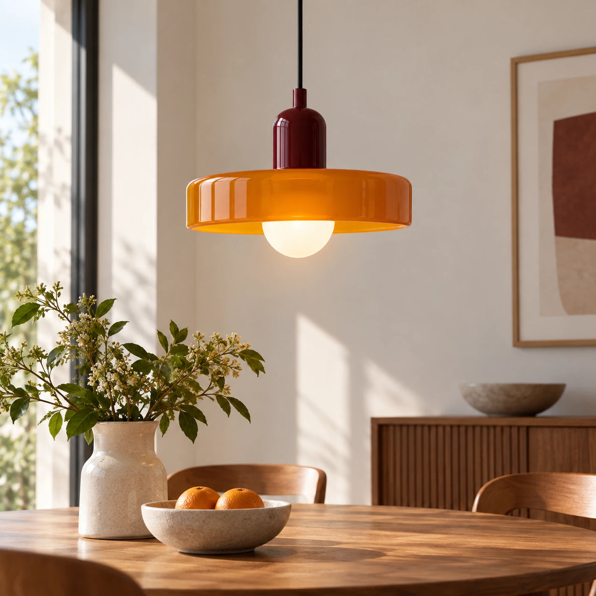 Suspension Bauhaus rouge bordeaux et orange dans une salle à manger