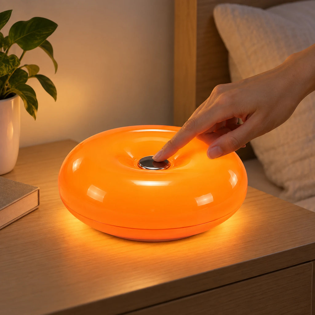 Main utilisant la commande tactile de la lampe donut orange