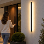 Applique murale extérieure LED noire éclairant une entrée