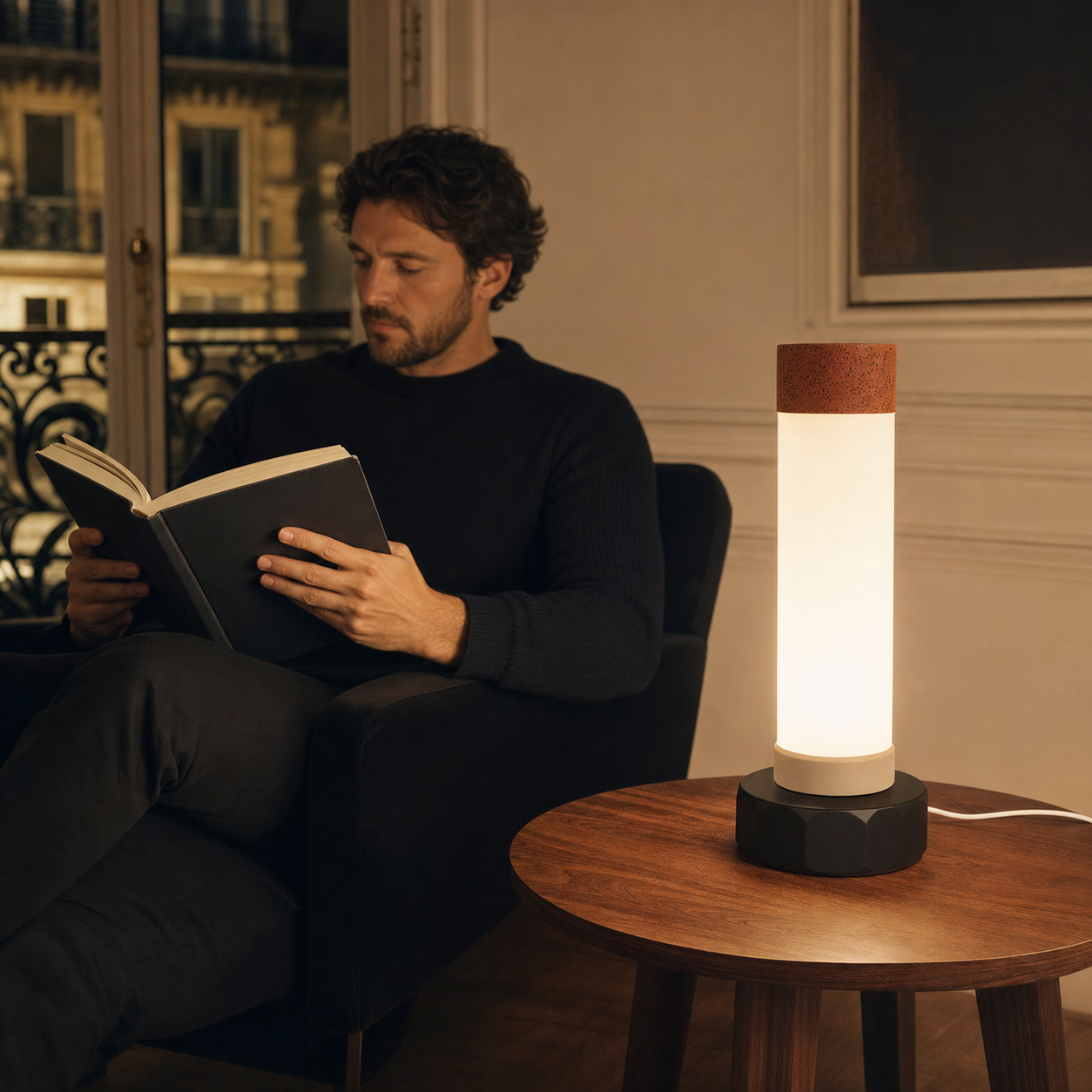 Détail de la lampe LED cylindrique avec base noire