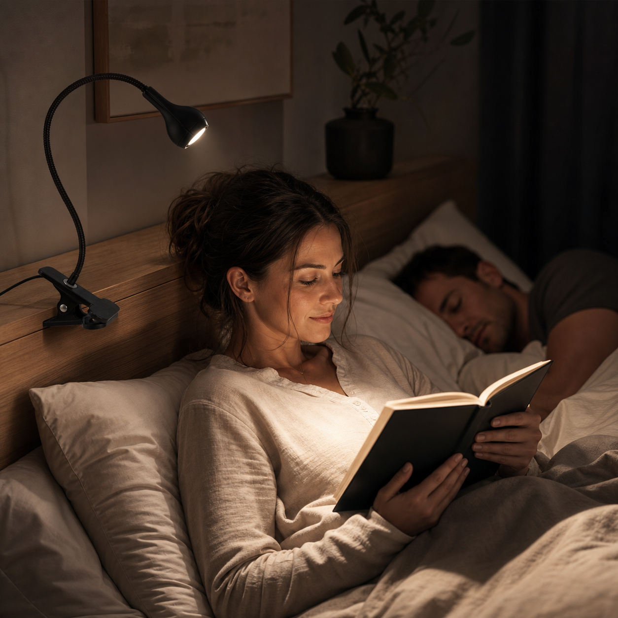 adulte lisant au lit avec une lampe de lecture à pince USB noire