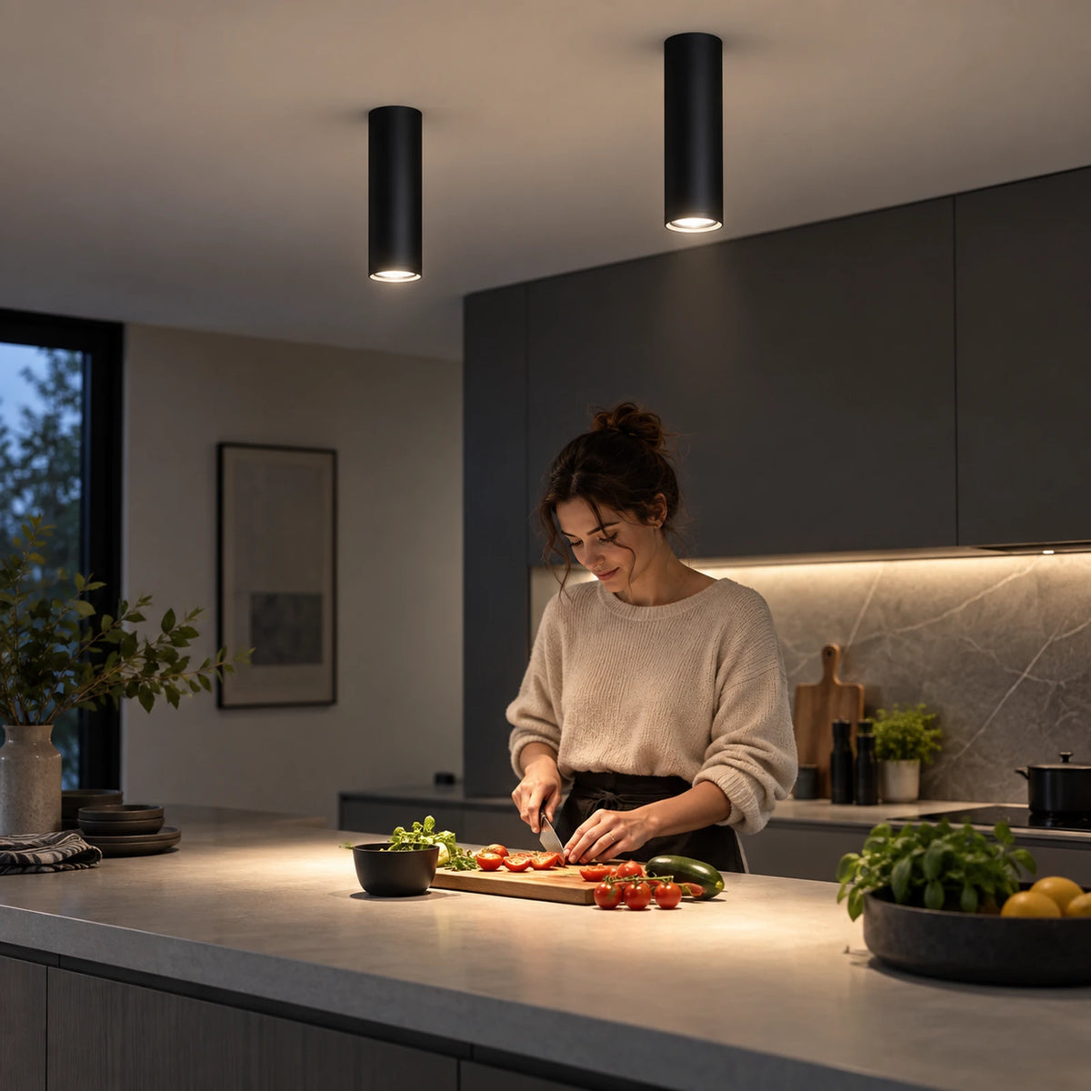 Spot LED tube noir éclairant un plan de travail