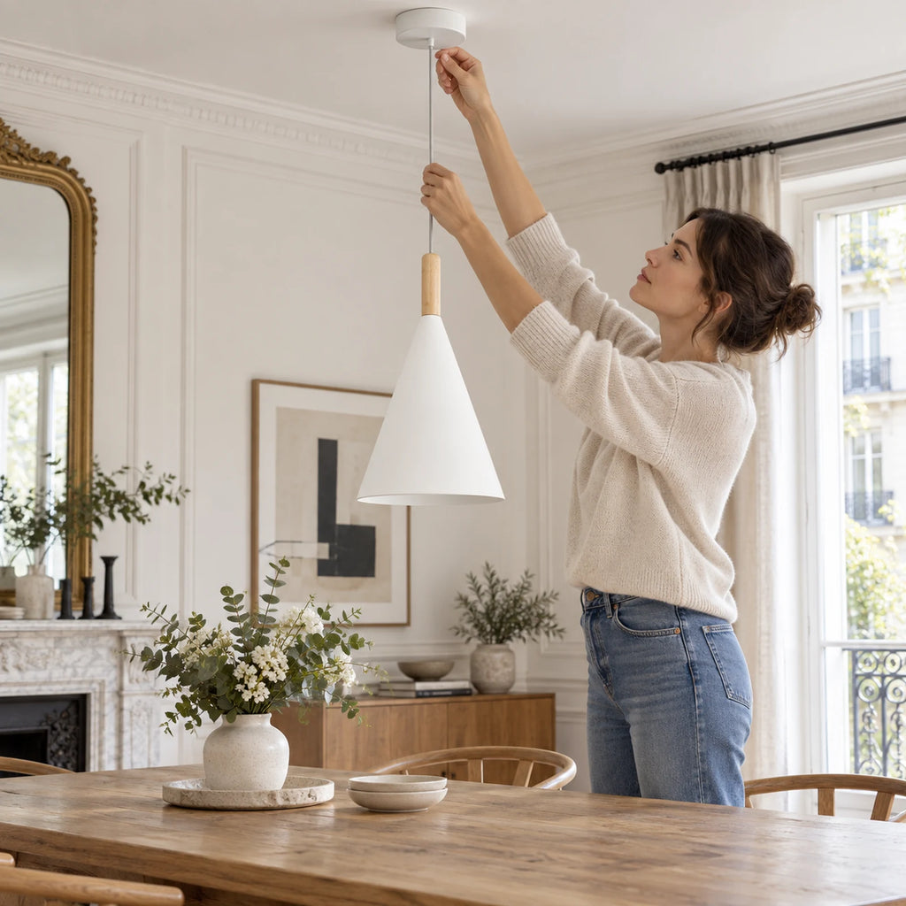 Réglage du câble de la suspension blanche en métal et bois