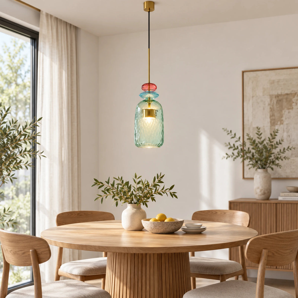 Suspension LED verte en verre, modèle D, au-dessus d’une table