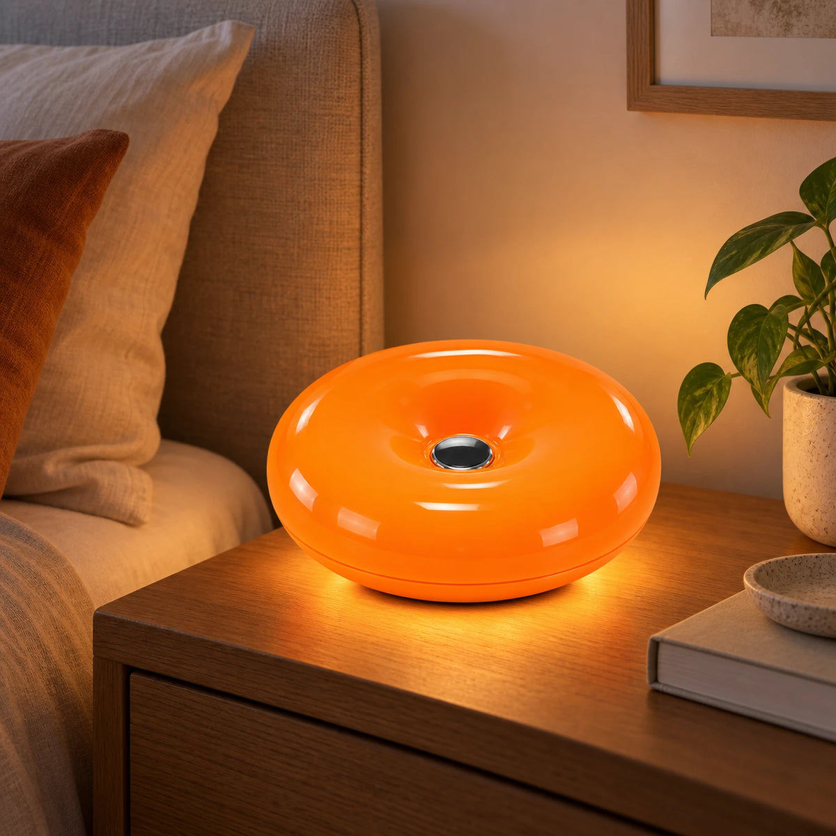 Lampe donut orange sur une table de chevet
