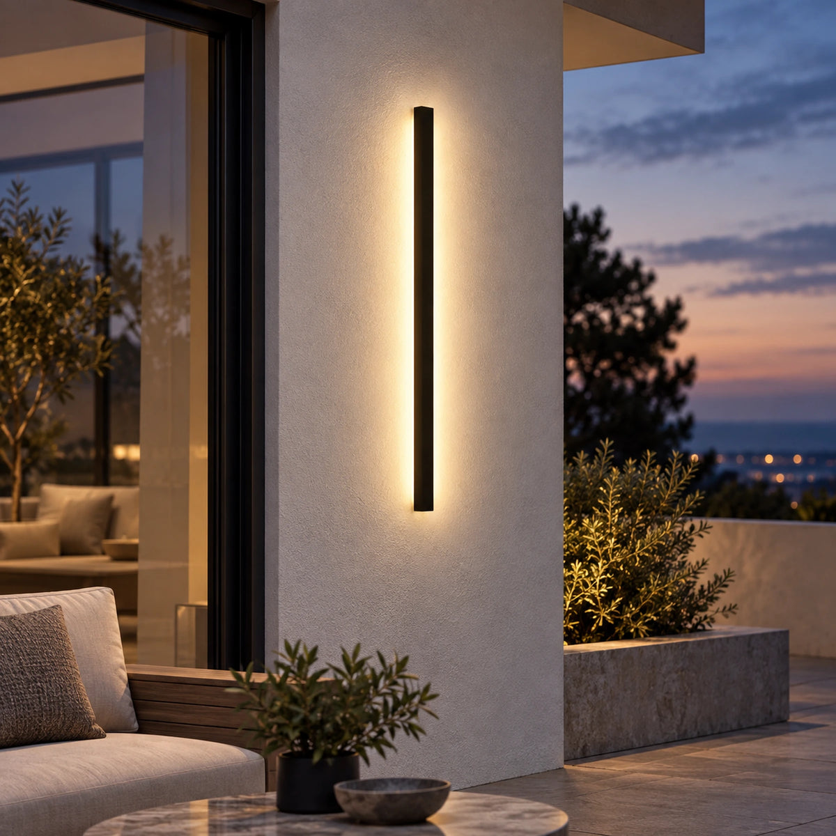 Applique murale LED noire allumée sur une terrasse moderne