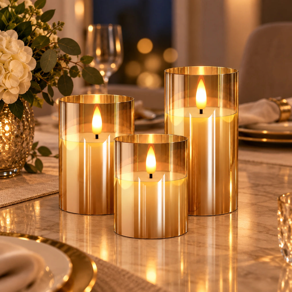 Bougies LED doré ambré sur une table