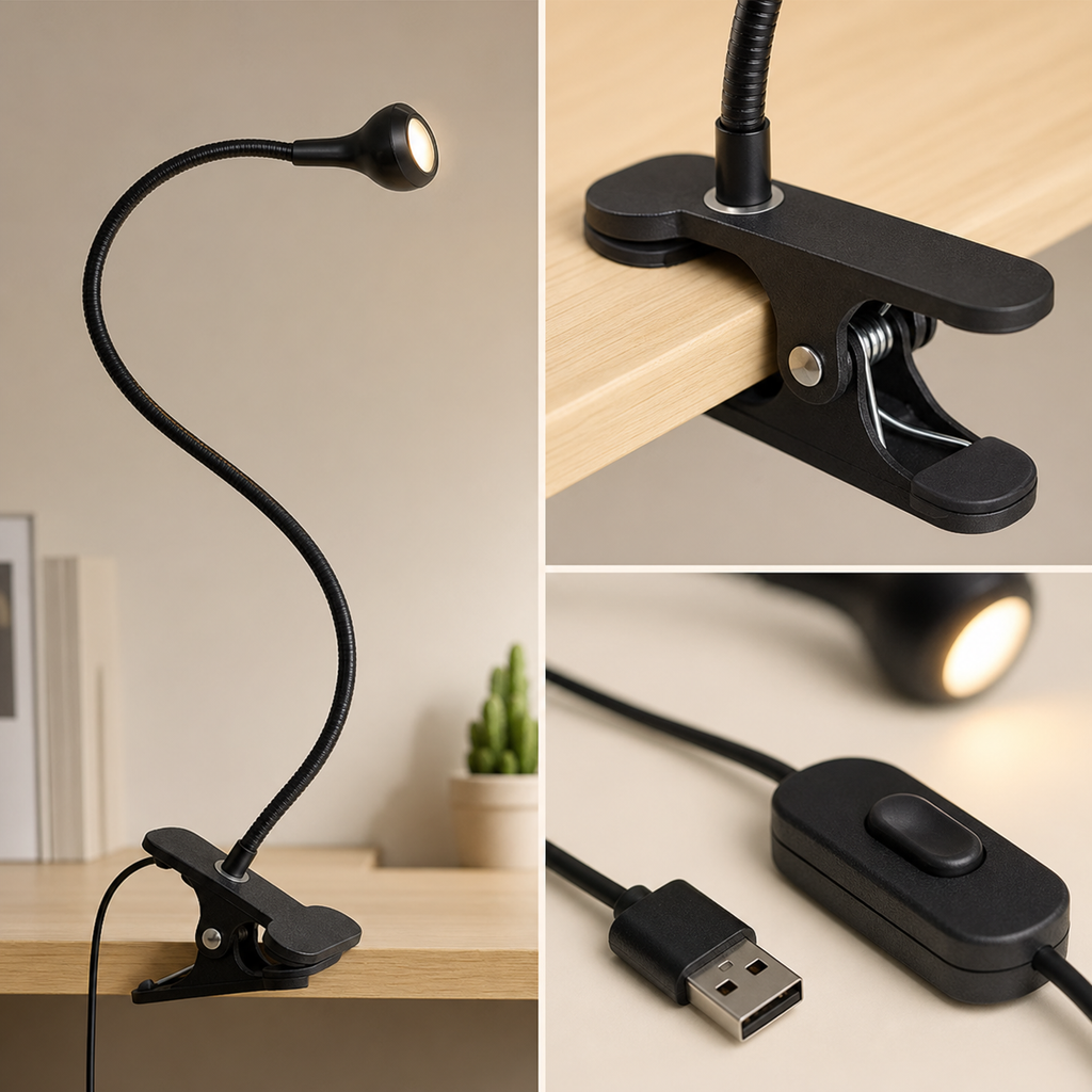 détails de la lampe de chevet à pince flexible USB noire