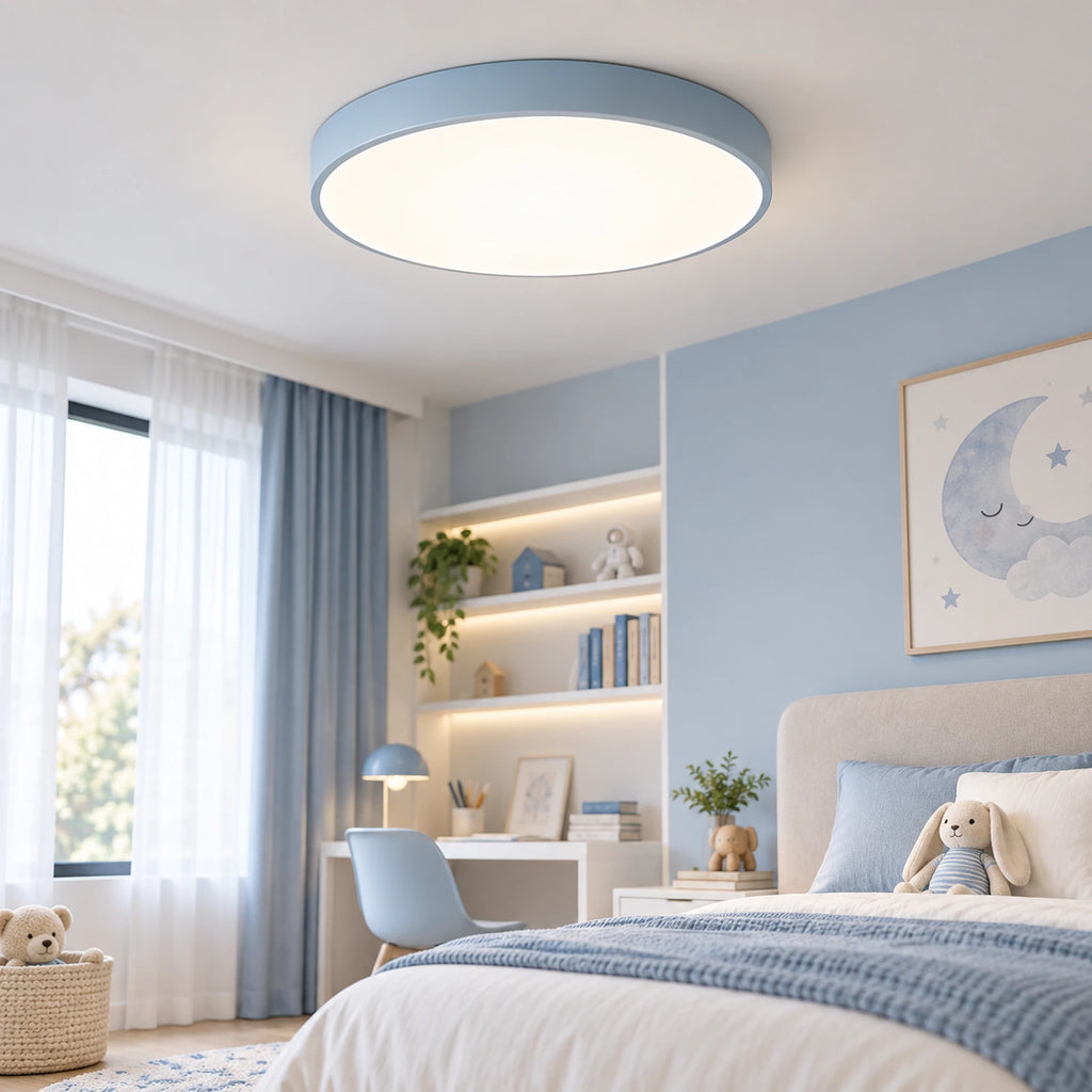 Plafonnier LED bleu dans une chambre claire