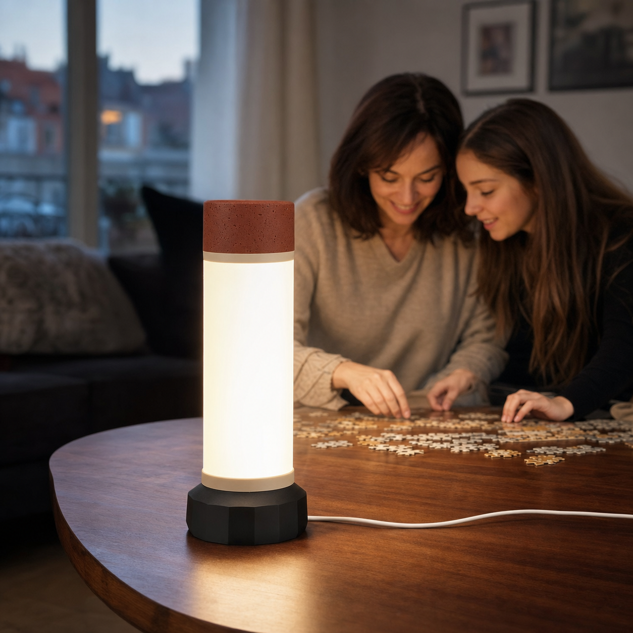 Lampe LED de table terracotta dans un salon chaleureux