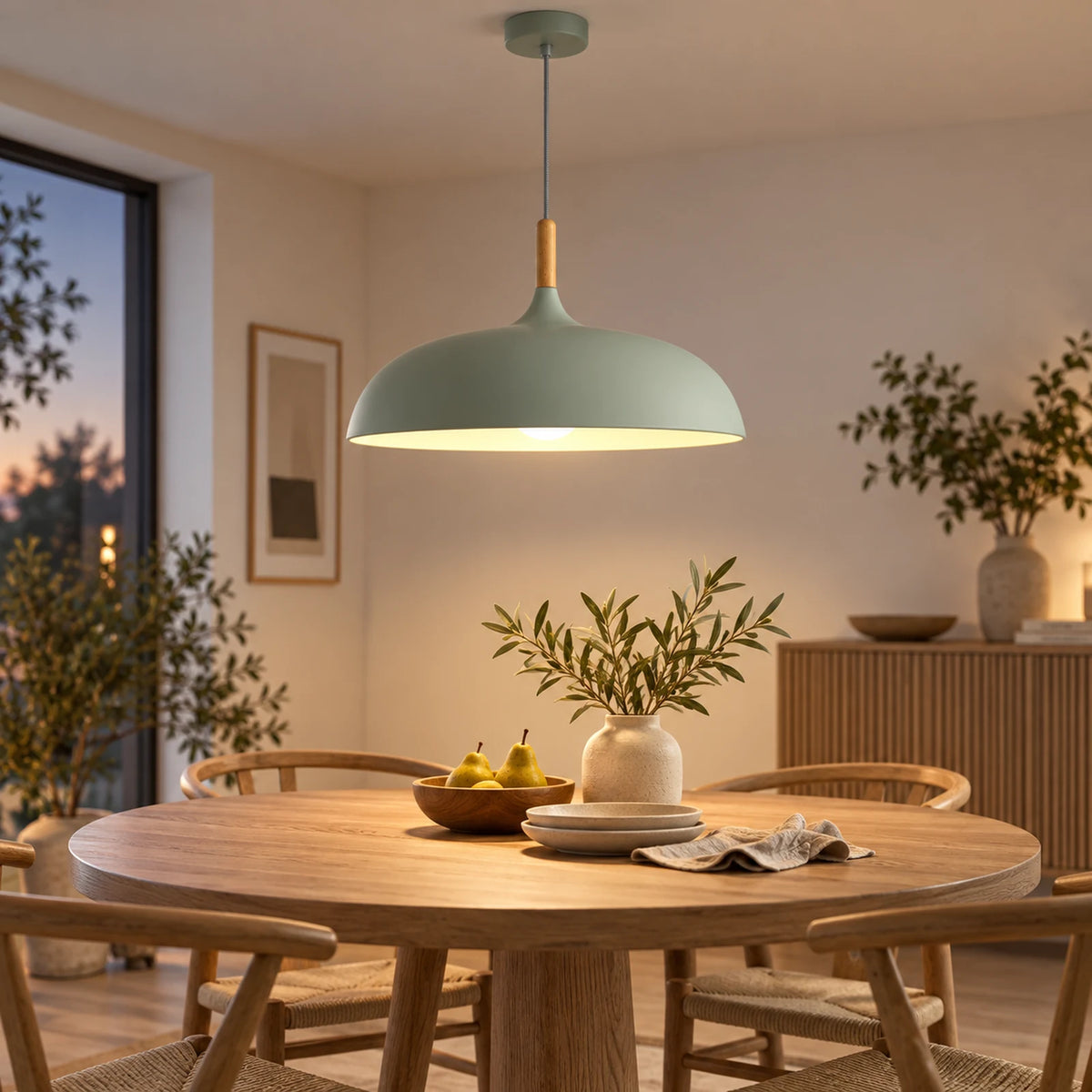Suspension verte en aluminium et bois au-dessus d’une table