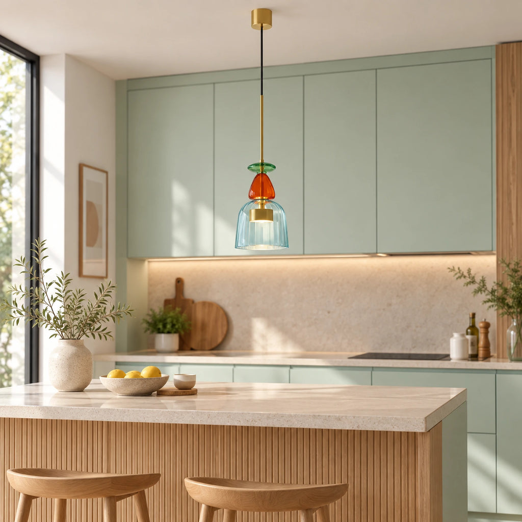 Suspension LED bleue en verre, modèle E, dans une cuisine