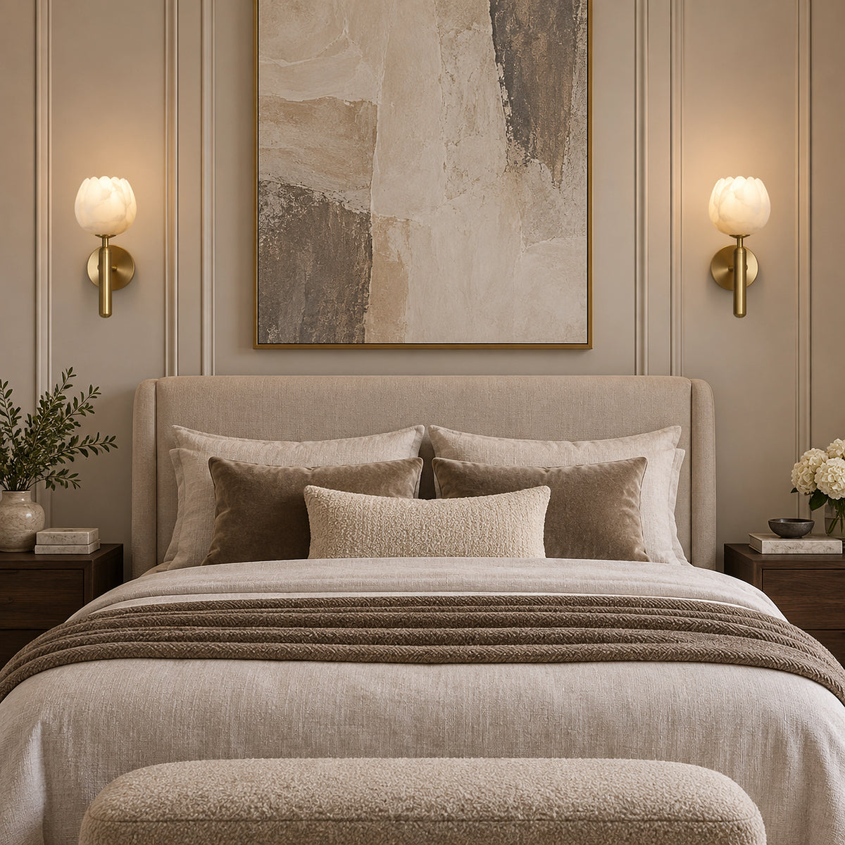 Deux appliques florales en albâtre dans une chambre