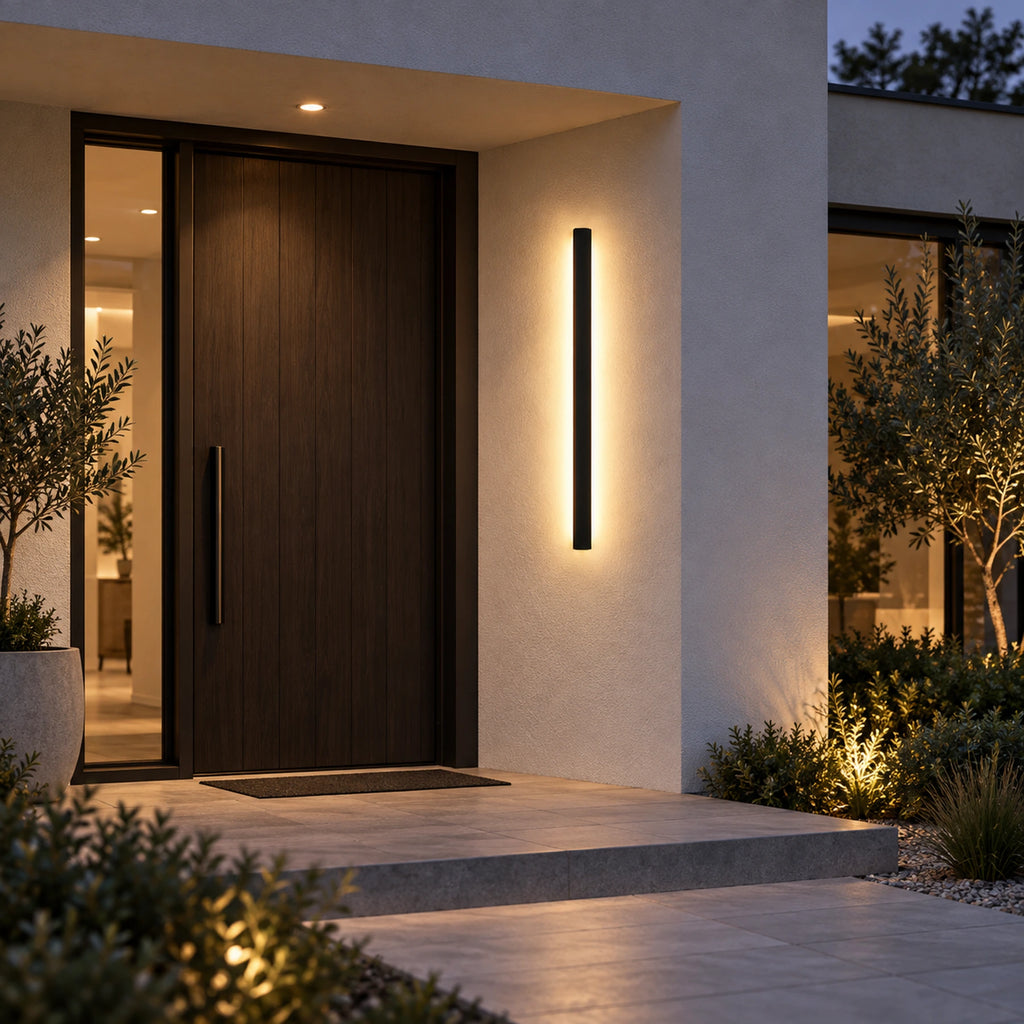 Applique murale extérieure LED noire installée près d’une entrée