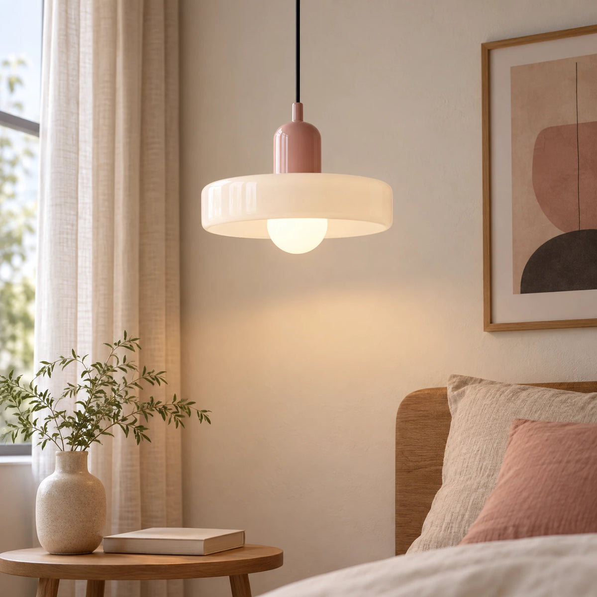 Suspension Bauhaus rose et blanche dans une chambre
