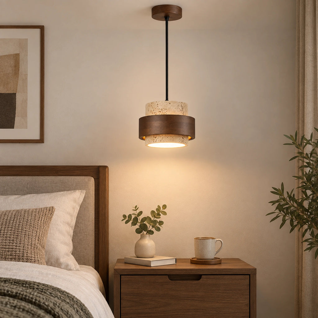 Suspension compacte en pierre et bois dans une chambre
