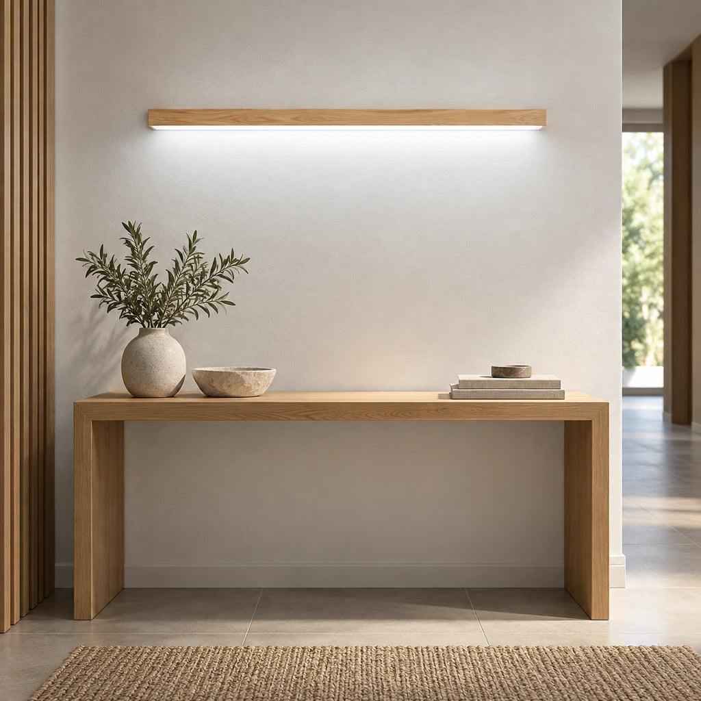 Applique murale LED en bois 100 cm lumière blanche au-dessus d’une console