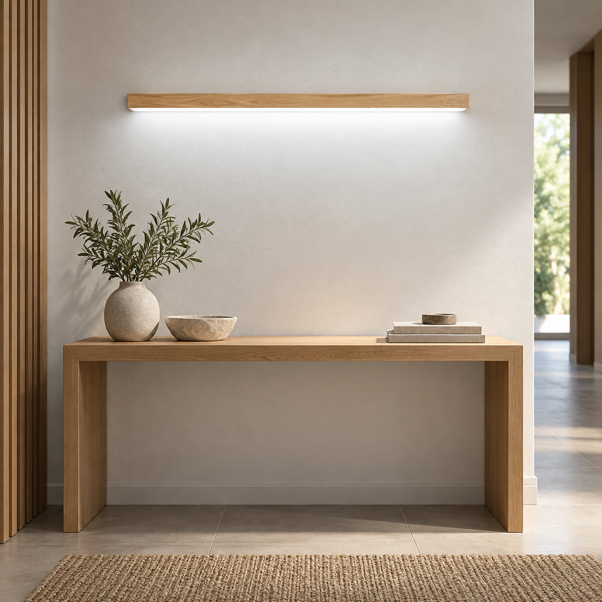 Applique murale LED en bois 100 cm lumière blanche au-dessus d’une console