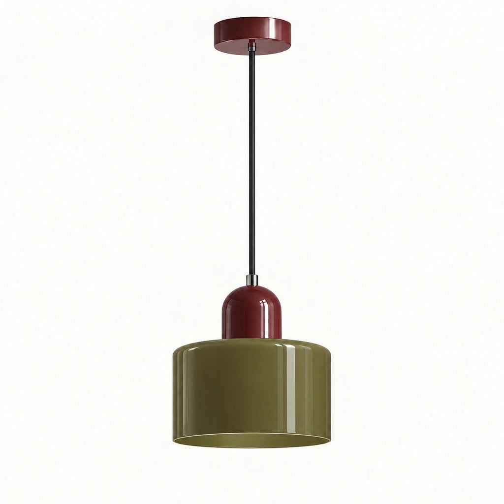 Suspension rétro en verre vert brun et métal bordeaux