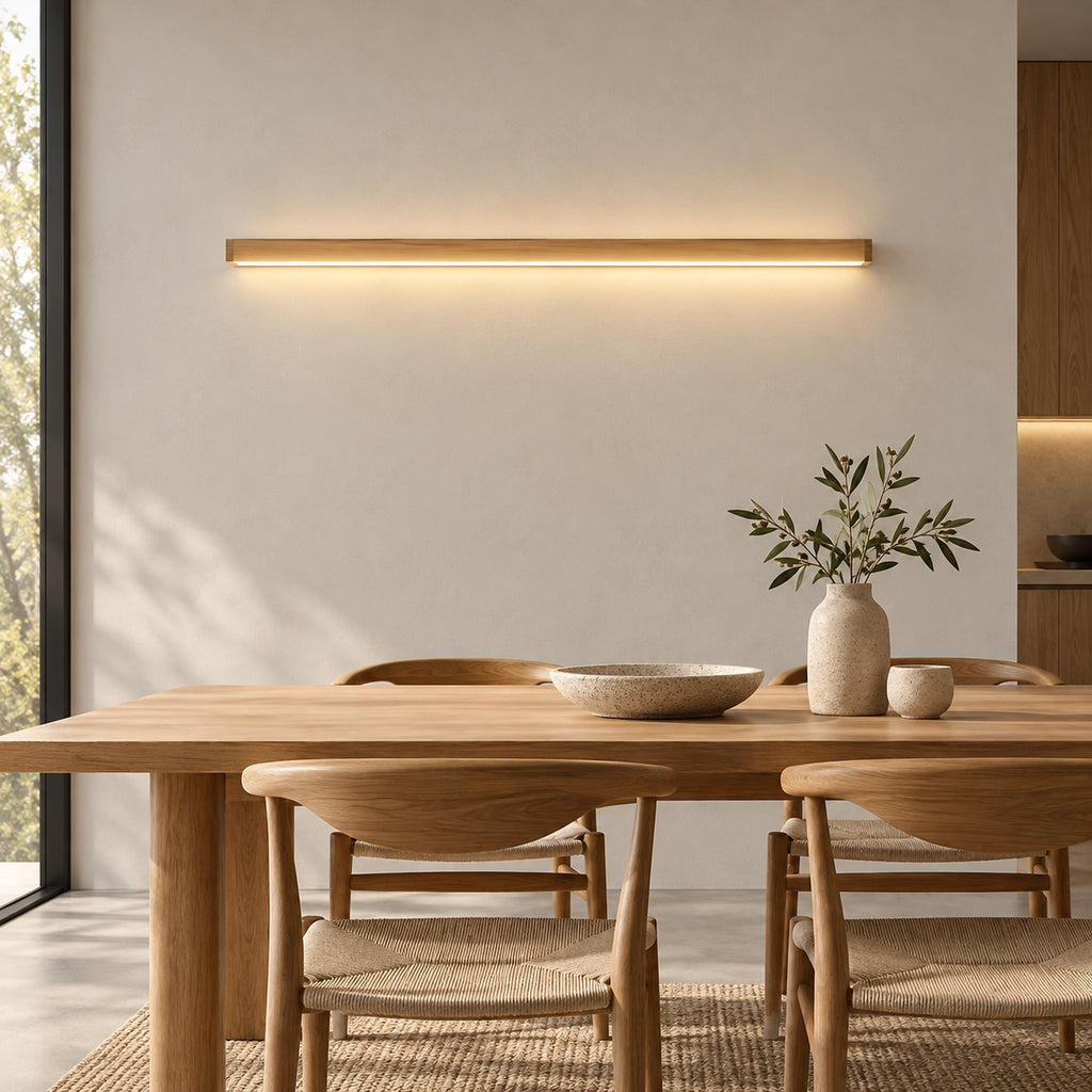 Applique murale LED en bois 120 cm lumière chaleureuse dans une salle à manger