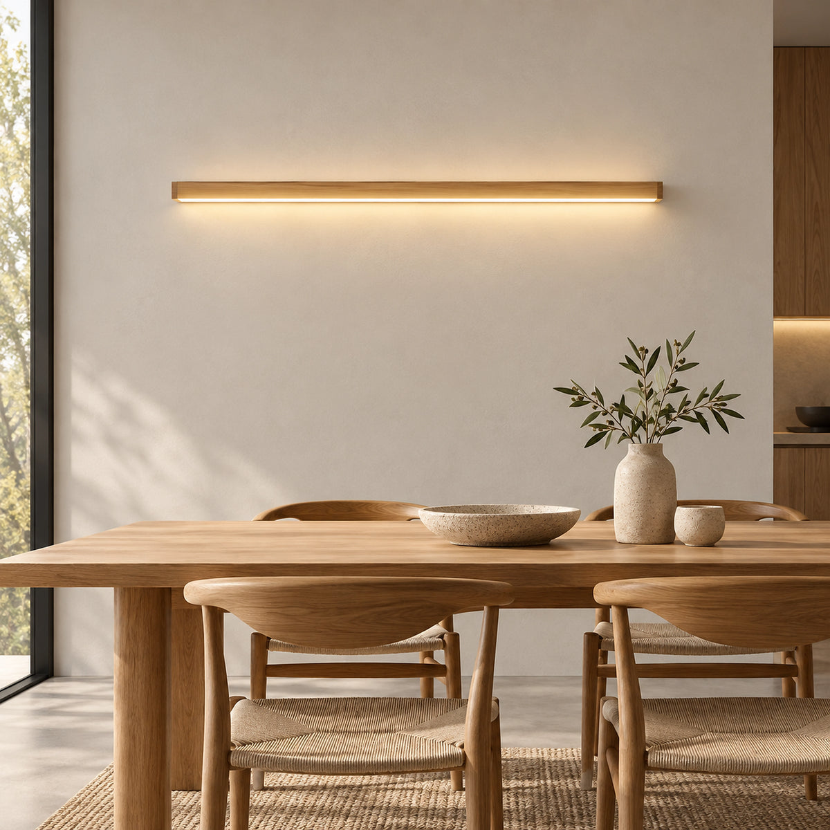 Applique murale LED en bois 120 cm lumière chaleureuse dans une salle à manger
