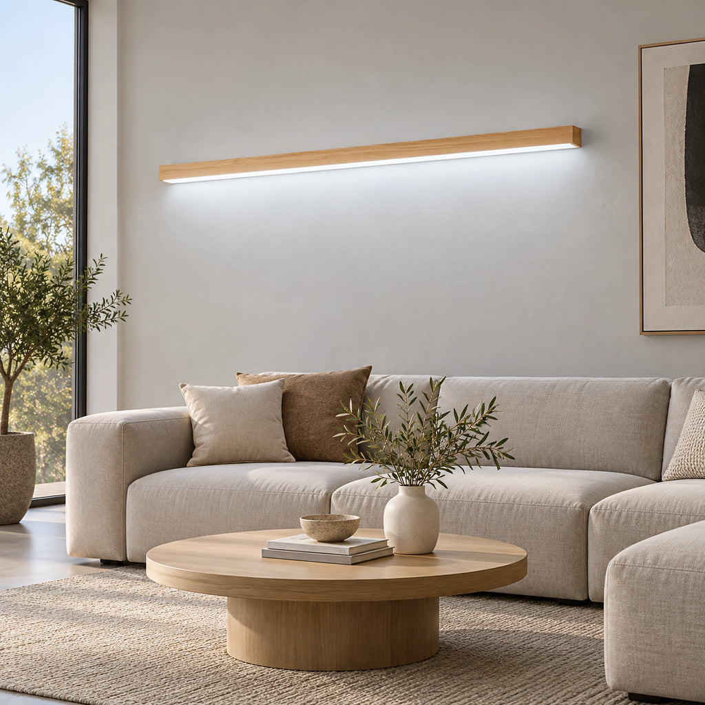 Applique murale LED en bois 120 cm lumière blanche dans un salon
