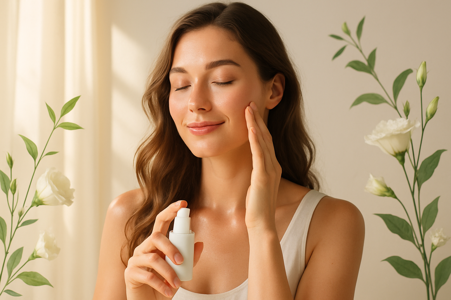 A calming, minimalistic beauty scene featuring a serene woman with healthy glowing skin and natural flowing hair, surrounded by soft sunlight and nature elements like green leaves and fresh flowers. She is applying a gentle skincare product in a simple, elegant setting. The atmosphere conveys purity, confidence, and self-care inspired by nature, with clean neutral tones and a modern, minimal design aesthetic.