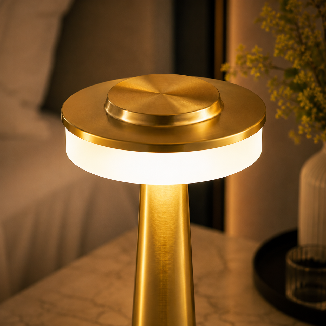Détail de la commande tactile et du diffuseur circulaire de la lampe dorée