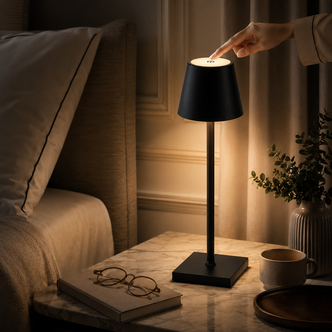 Commande tactile de la lampe de chevet noire dans une chambre