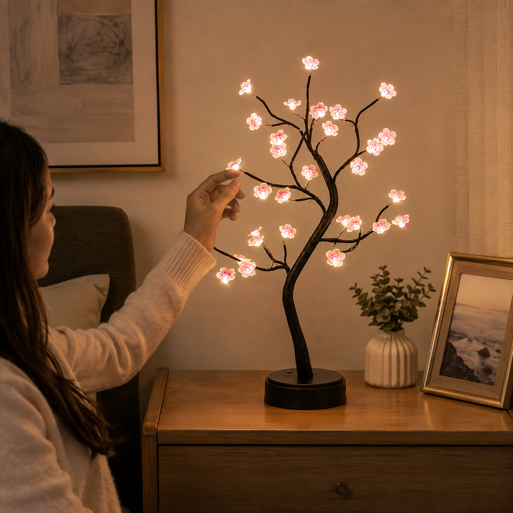 Lampe arbre fleur de cerisier allumée sur un meuble dans un intérieur