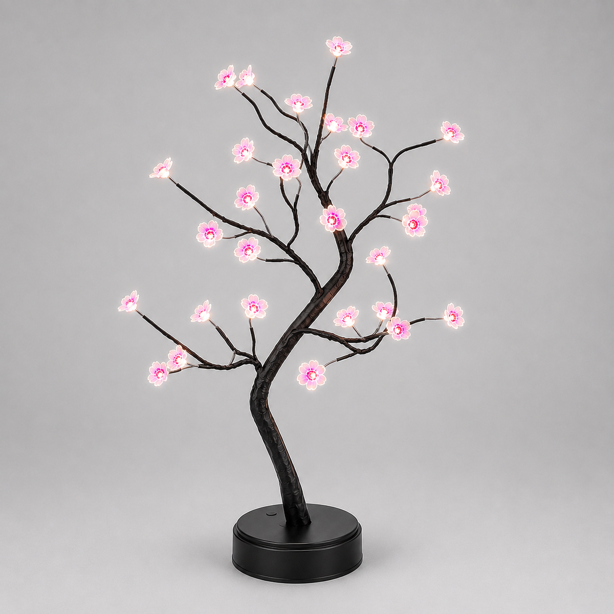 Lampe arbre fleur de cerisier LED aux branches noires et fleurs roses, vue de face
