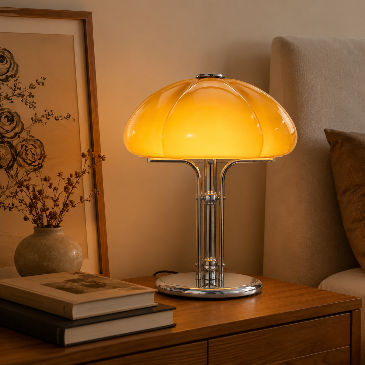 Lampe champignon orange allumée diffusant une lumière chaude sur un meuble en bois