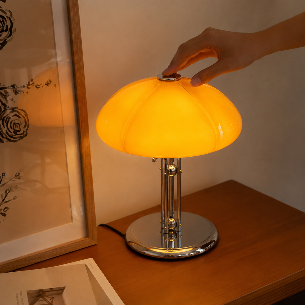 Main appuyant sur l’interrupteur à bouton situé sur le dessus de la lampe champignon orange
