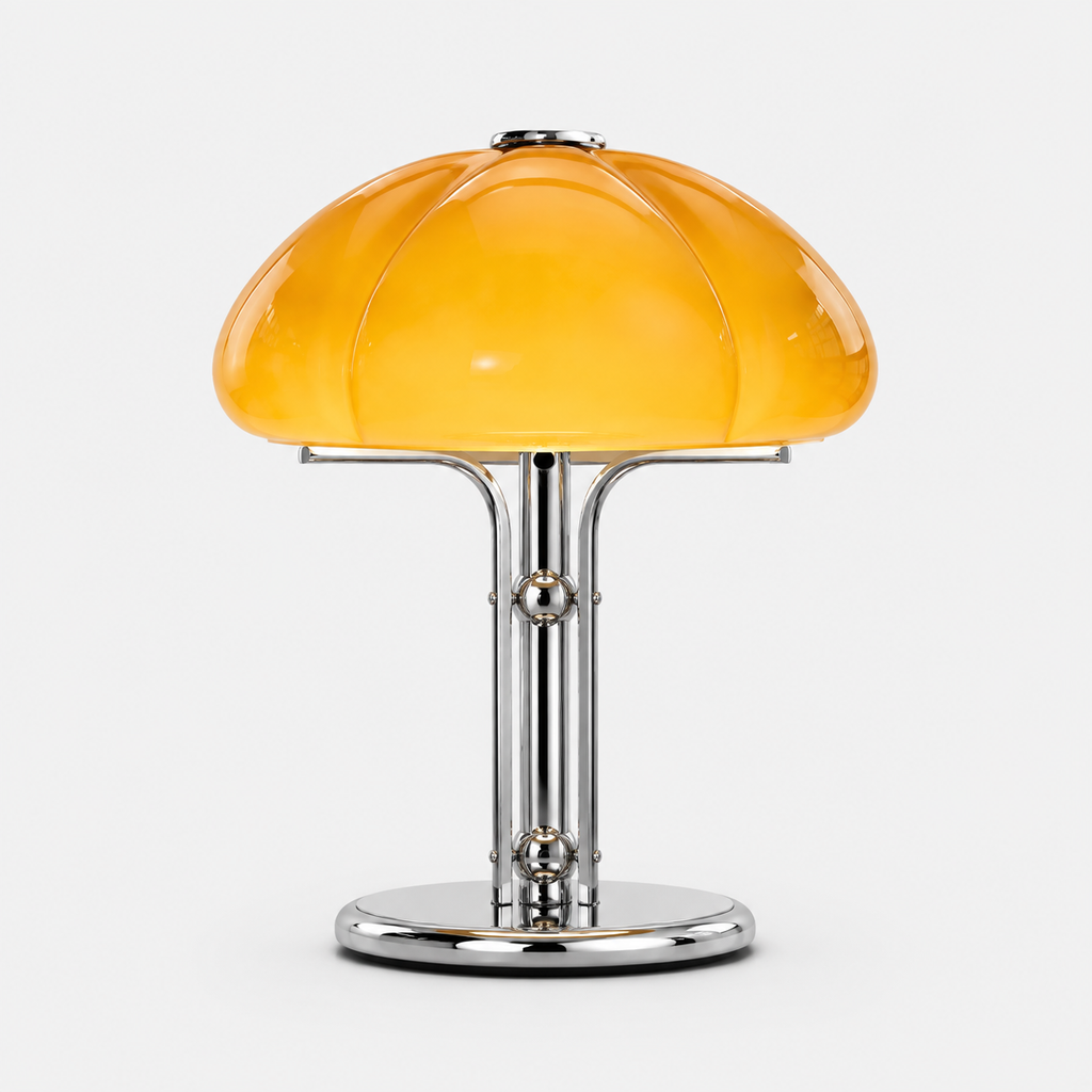 Lampe champignon orange en métal chromé vue de trois quarts