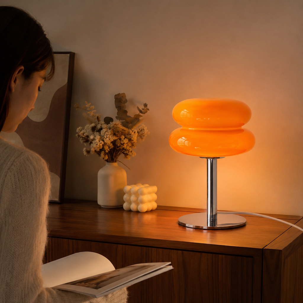 Lampe en verre orange allumée sur une table dans un intérieur
